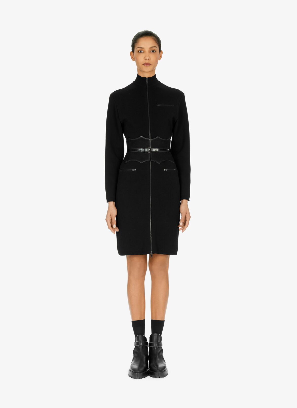 Straight-cut wool jersey and stretch viscose dress ALAÏA BLACK STRAIGHT-CUT WOOL JERSEY AND STRETCH VISCOSE DRESS